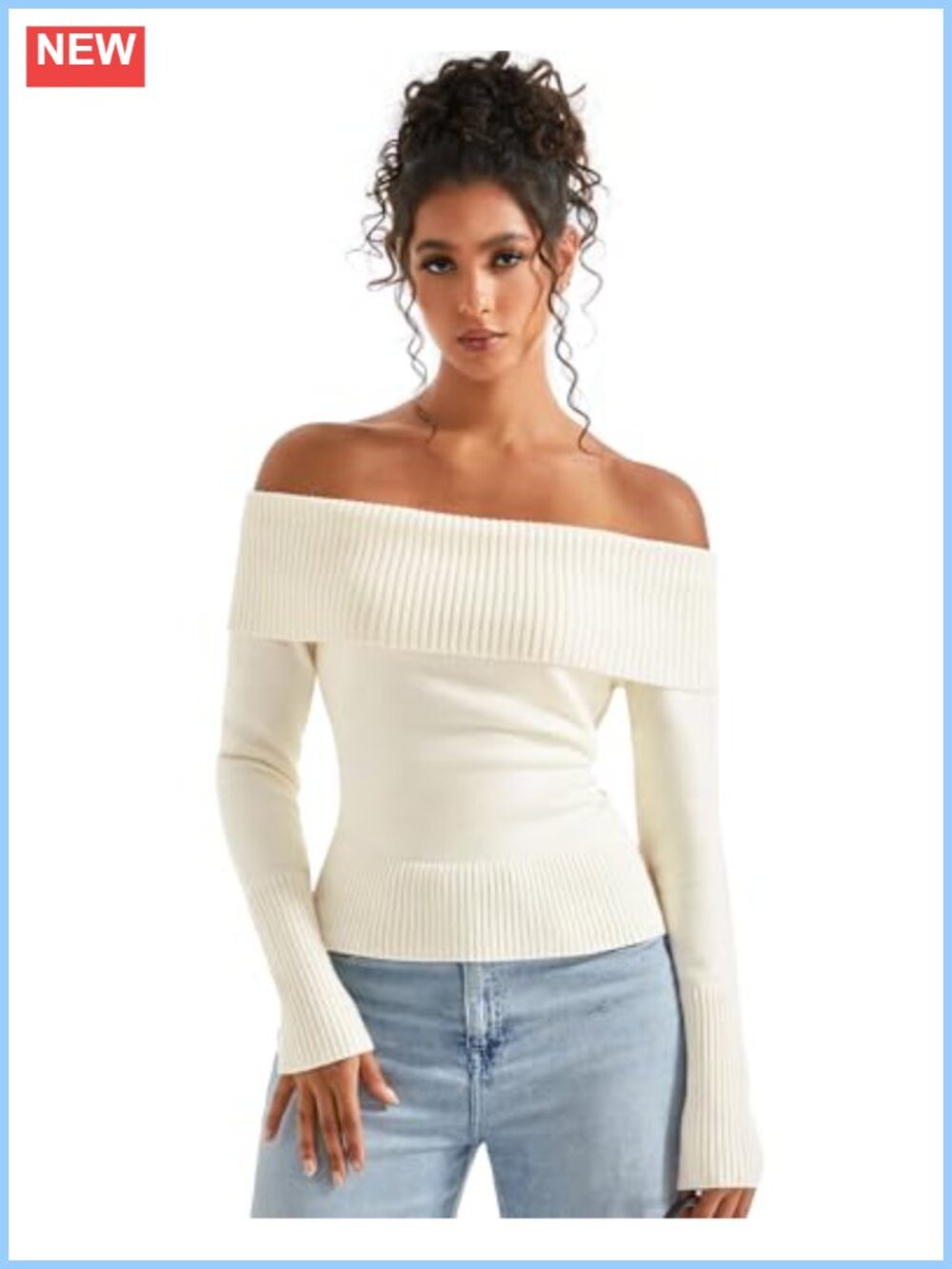 Off Shoulder Long Sleeve Ribbed Knit Pullover Sweater